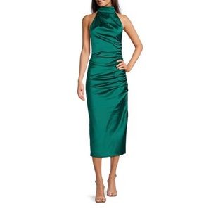 Belle Badgley Mischka satin fabrication, sleeveless green dress.